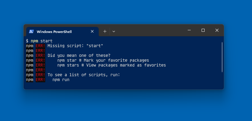 A screenshot displaying the error "npm ERR! Missing script: start" on Windows Powershell